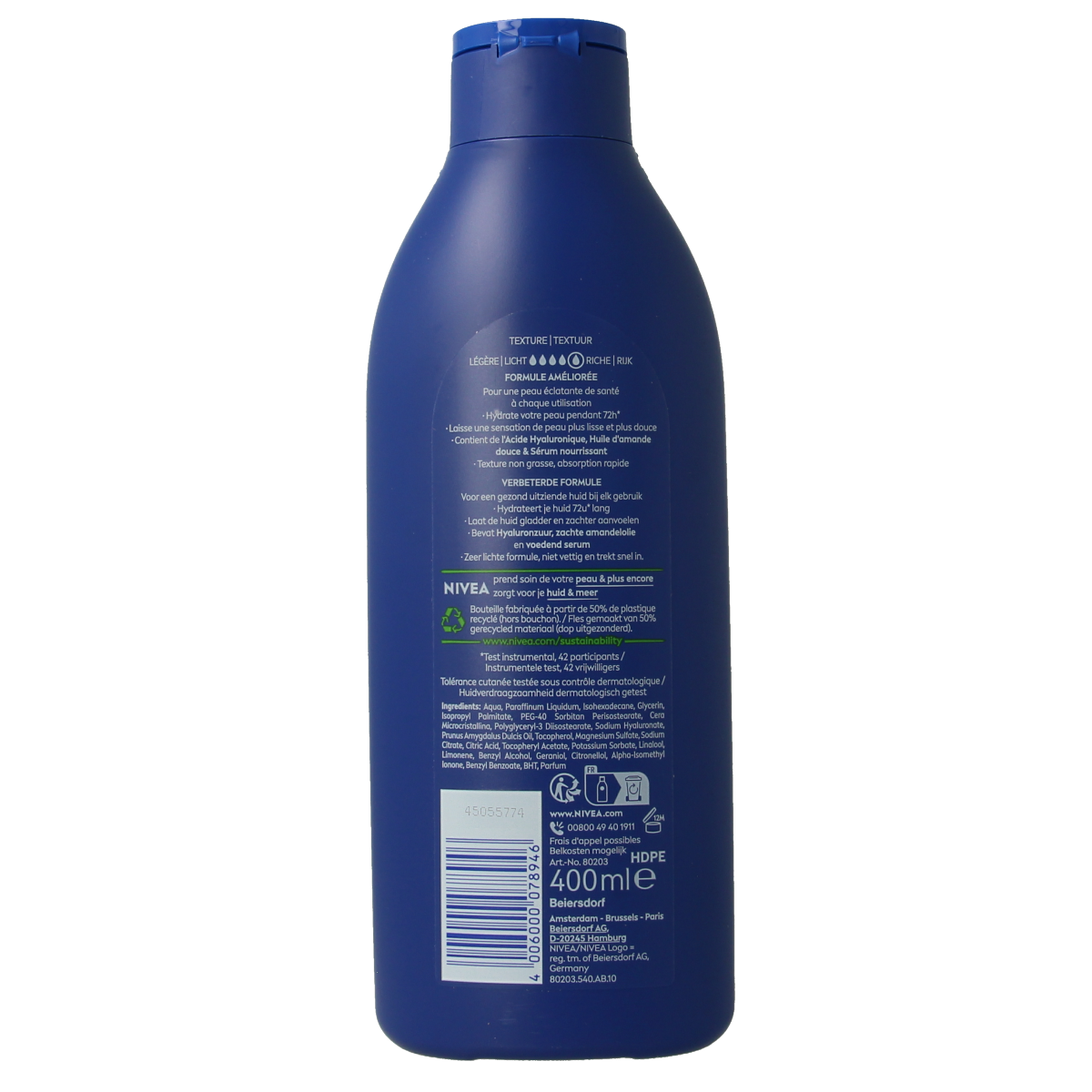 Nivea Verzorgende Milk body lotion bottle, 400ml, moisturizing skincare product for smooth, healthy skin.