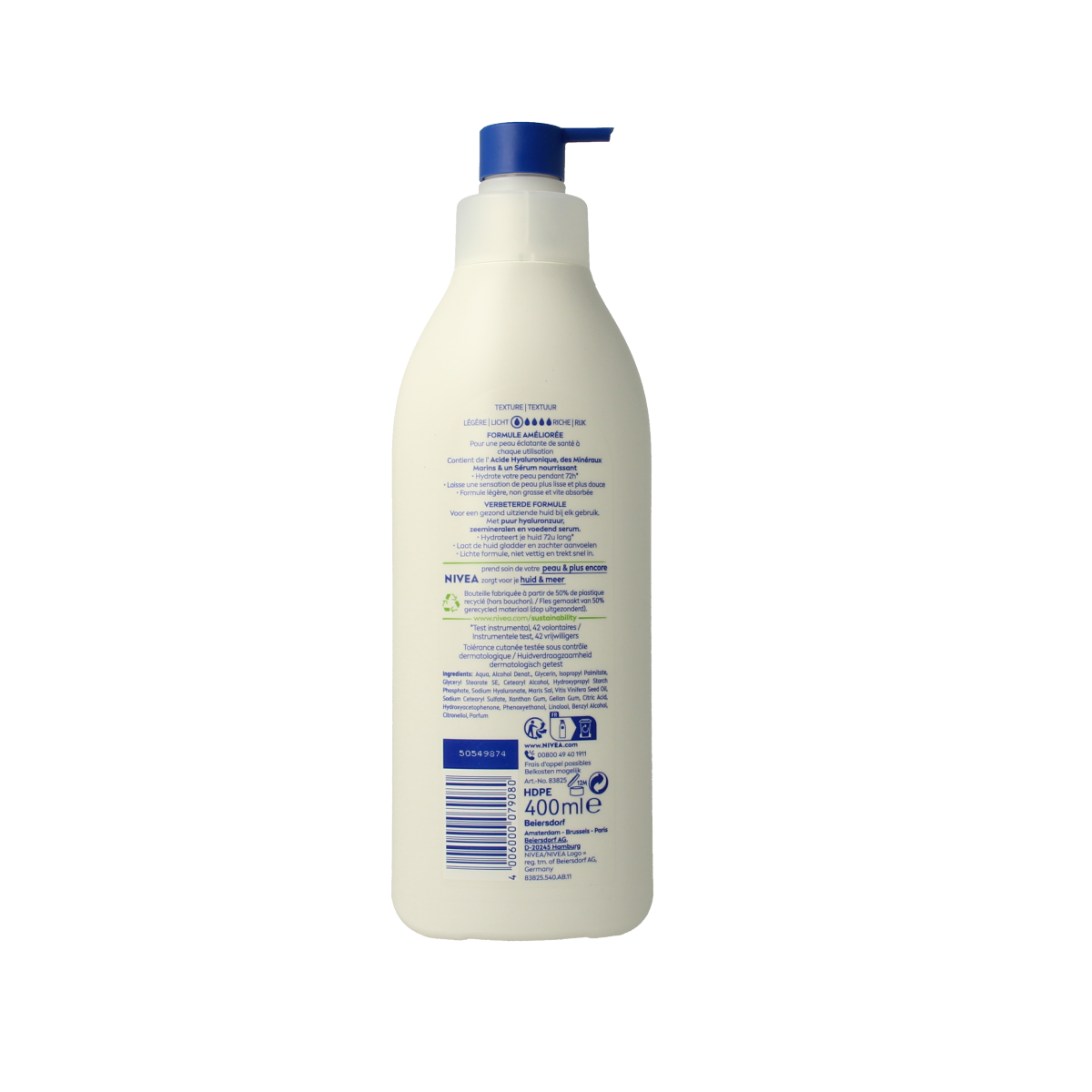Nivea Express Body Lotion with pump, 400ml, a moisturizing body care product in a white bottle with blue cap.