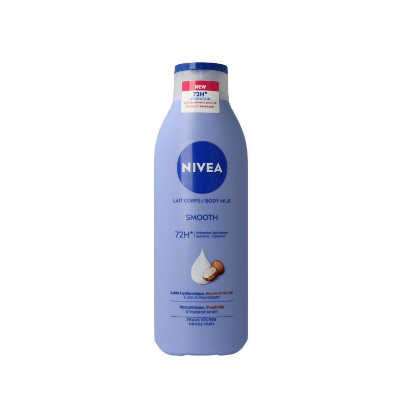 Nivea Bodymilk zijdezacht 250ml bottle, moisturizing body lotion for smooth, soft skin, in a white and blue Nivea container.