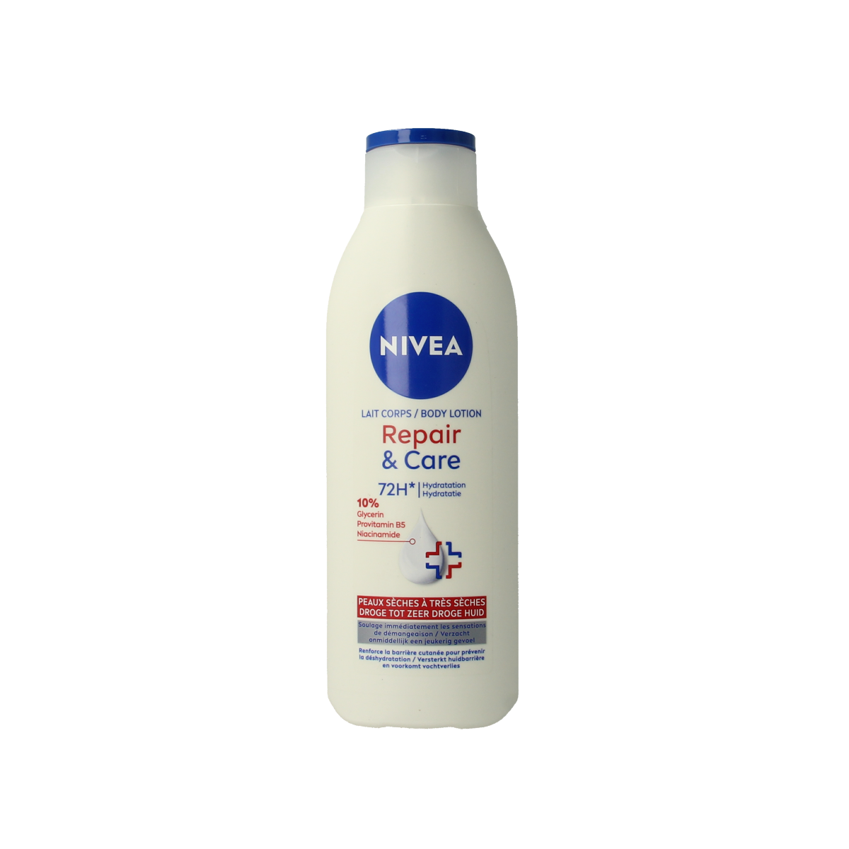 Nivea Bodylotion Repair & Care 250ml bottle, moisturizing body lotion for soft, nourished skin, displayed in the image.
