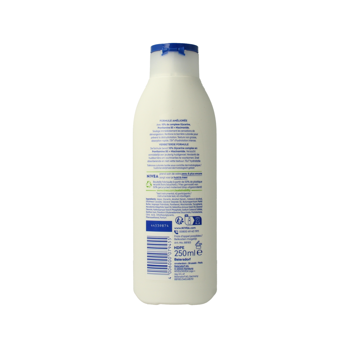 Nivea Bodylotion Repair & Care 250ml bottle, hydrating body moisturizer with white cap and smooth cream texture.