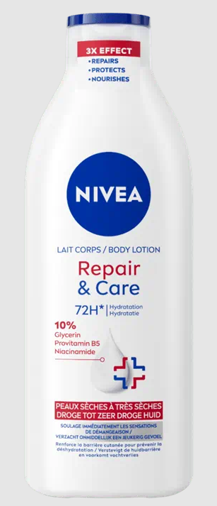 Nivea Bodylotion Repair & Care 400ml bottle with white cap and label, used for moisturizing and skin repair.