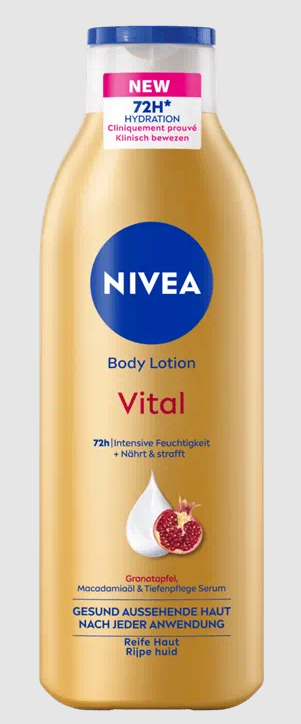 Nivea Vital body lotion 250ml bottle with blue cap and label, designed for nourishing body skincare.