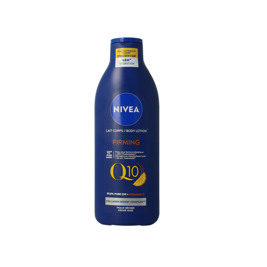 Nivea Bodymilk Q10 verstevigend body moisturizer in a 400ml bottle, featuring a white and blue design with a pump dispenser.