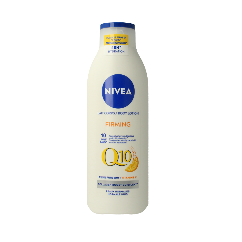 Nivea Bodylotion Q10 Plus verstevigende lichaamsverzorging, 250 ml bottle with white cap and smooth lotion texture.