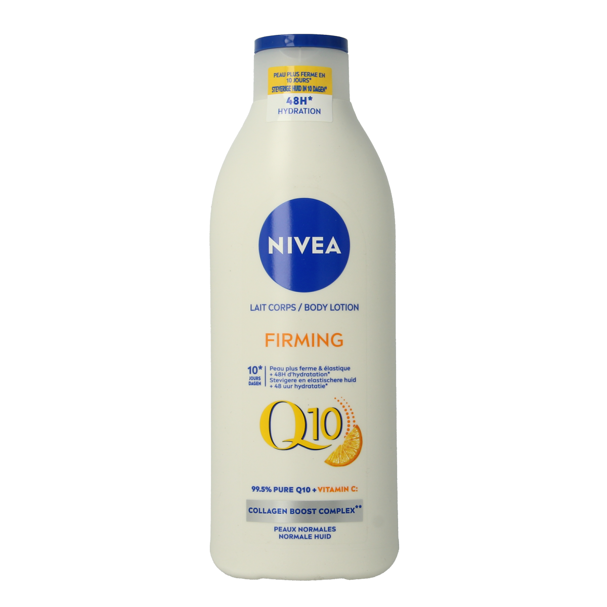 Nivea Bodylotion Q10 Plus verstevigend 400ml bottle featuring smooth, hydrating body lotion in a white and blue container.