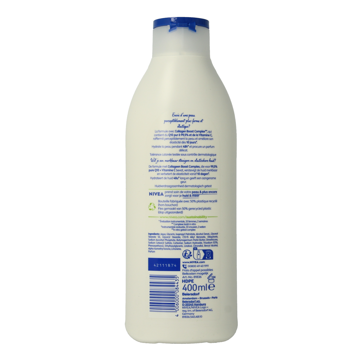 Nivea Bodylotion Q10 Plus verstevigend in 400ml bottle, moisturizing body care with anti-aging ingredients.