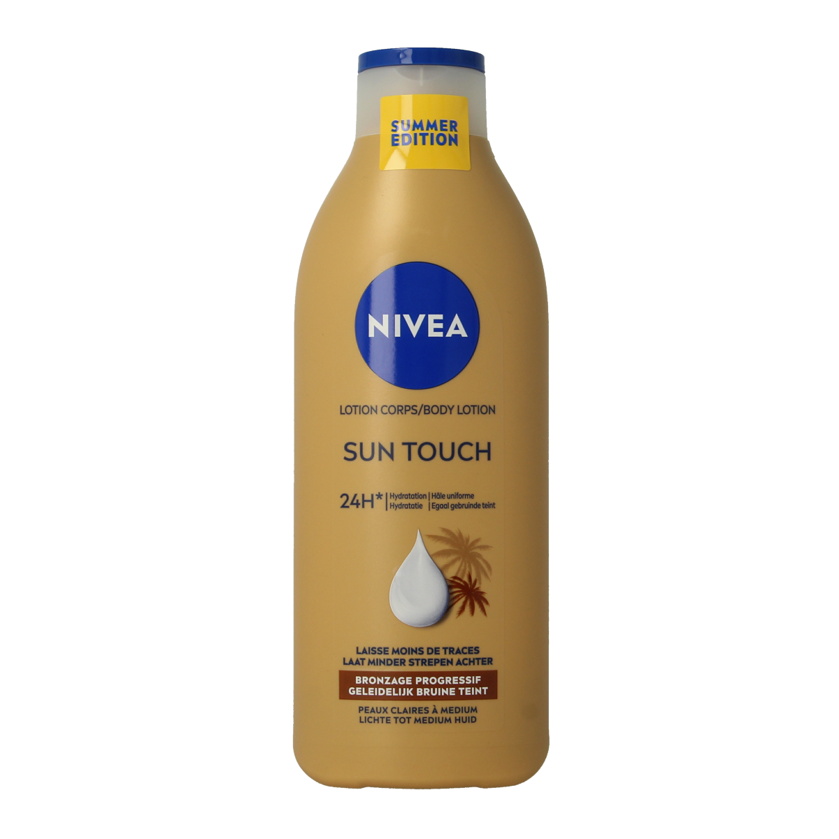 Nivea Bodylotion Sun-Kissed Radiance Light 400ml in a white bottle, showcasing the moisturizing body care product by Nivea.