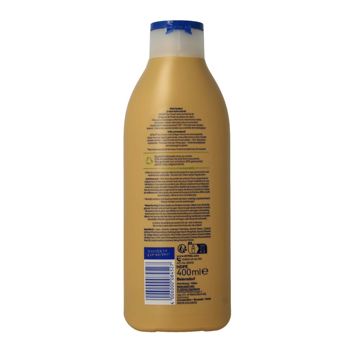 Nivea Bodylotion Sun Kissed Radiance Light 400ml, moisturizing body lotion with a radiant glow, in a white bottle with blue cap.