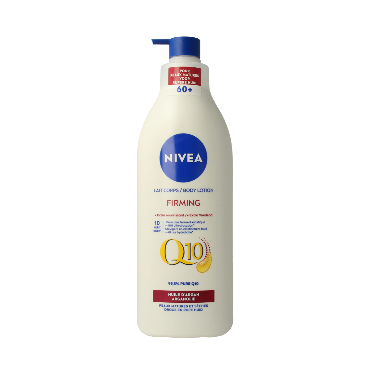 Nivea Bodylotion Q10 Plus with Argan Oil in 400ml bottle, moisturizing body care product with smooth, creamy texture.