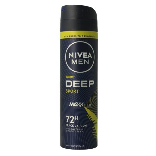Nivea Men Deep Sport deodorant spray in 150ml bottle, featuring a sleek blue design and spray nozzle for active freshness.