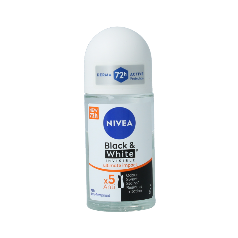 Nivea black & white ultra impact deodorant roller 50ml bottle, close-up of the Nivea deodorant stick with black and white packaging