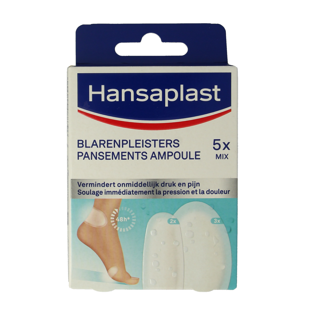 Hansaplast Blaarpleisters SOS mix pack of 5 for foot care, featuring assorted blister plasters for quick relief.