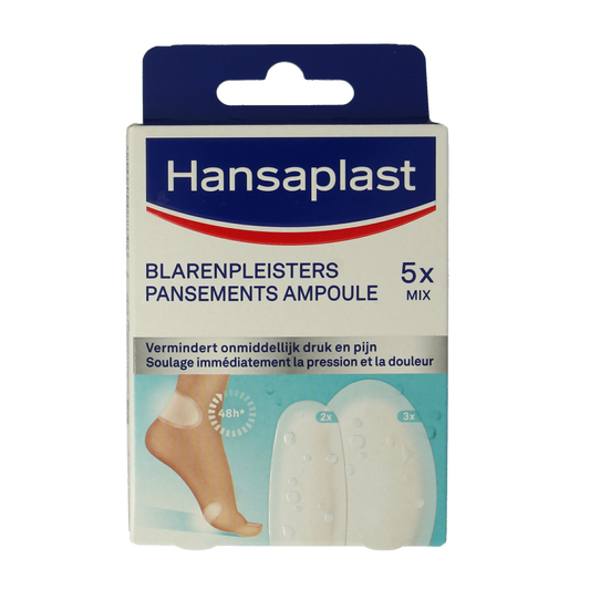 Hansaplast Blaarpleisters SOS mix pack of 5 for foot care, featuring assorted blister plasters for quick relief.