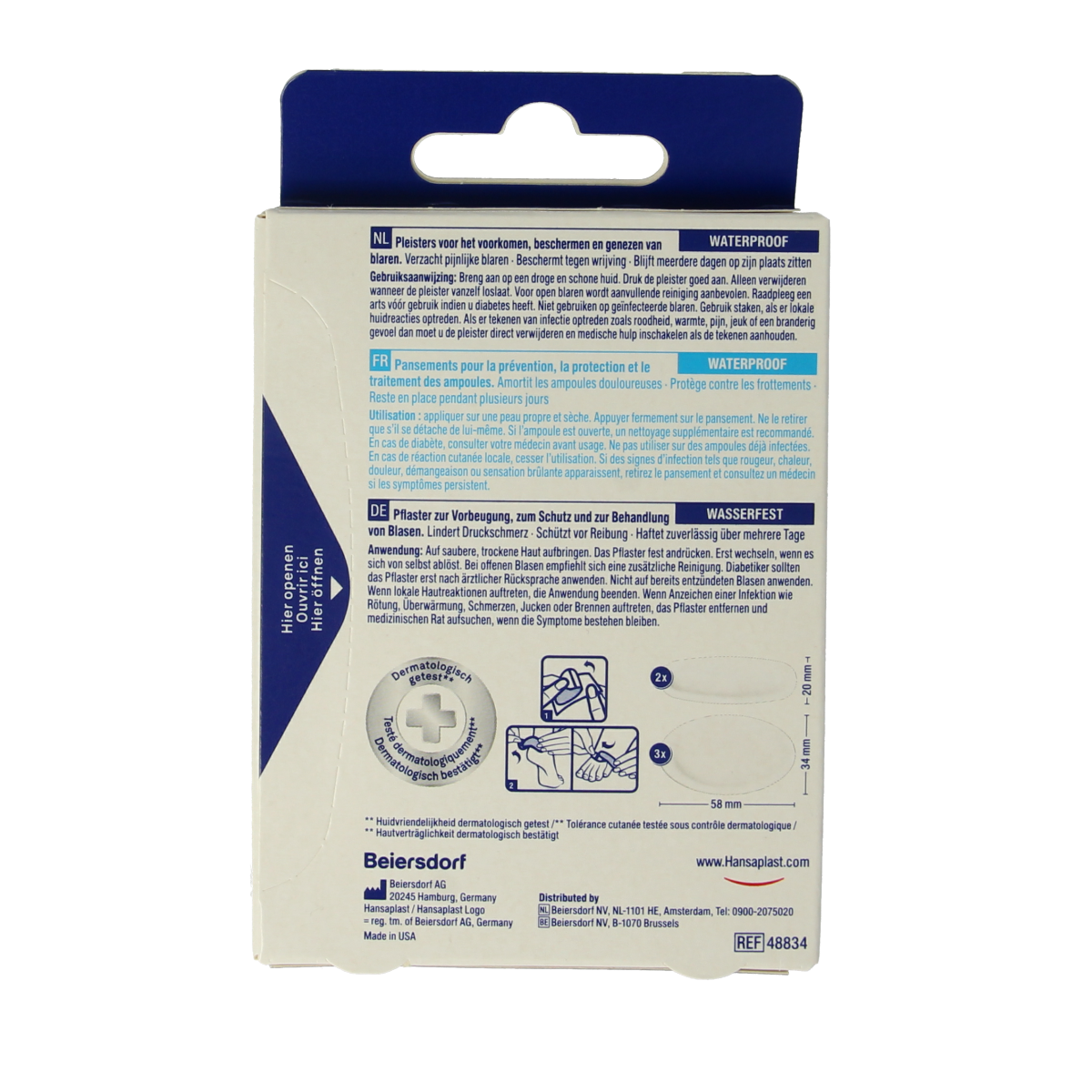 Hansaplast Blaarpleisters SOS mix pack of 5 foot care blister plasters on a white background.