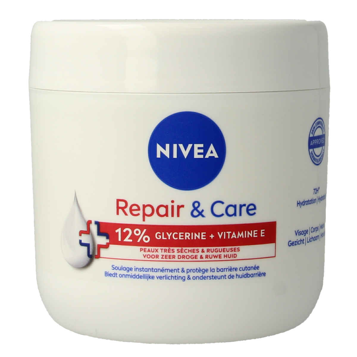 Nivea Repair & Care Body Cream 400ml jar, moisturizing body care product with a white and blue container showing on the label.