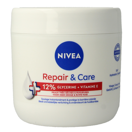 Nivea Repair & Care Body Cream 400ml jar, moisturizing body care product with a white and blue container showing on the label.