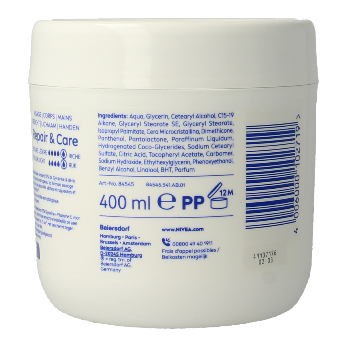 Nivea Bodycreme Repair & Care Intensive lotion in 400ml bottle, moisturizing and nourishing body care product.