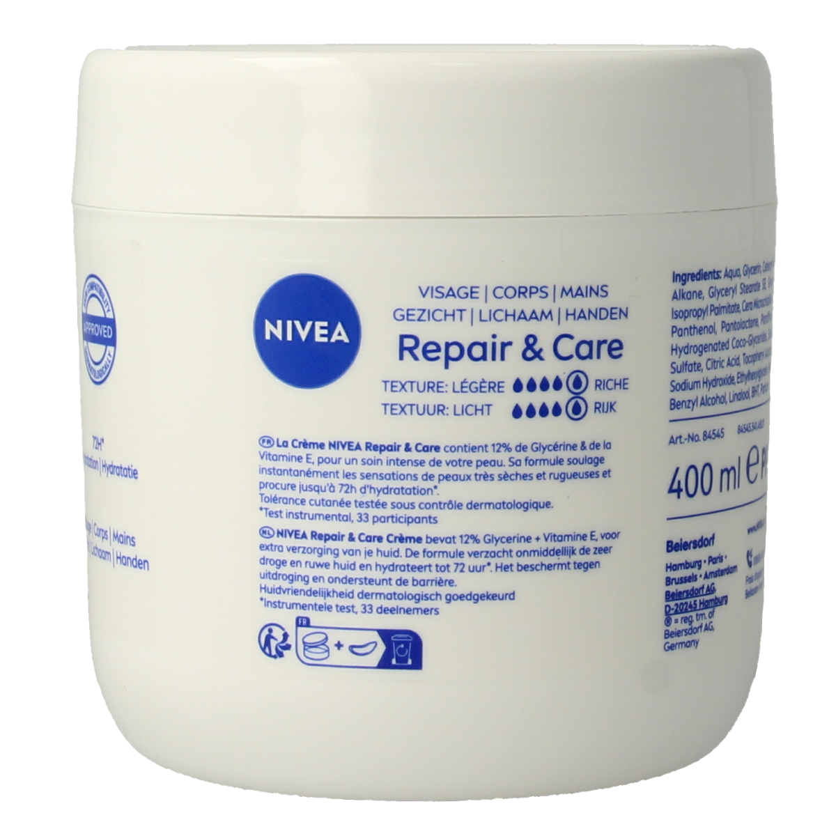 Nivea Repair & Care Body Creme in 400ml jar, creamy texture for nourishing and repairing skin, labeled Nivea body care product.