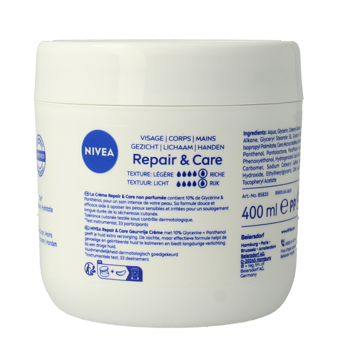 Nivea Repair & care bodycreme fragrance free sensitive 400.00 Milliliter
