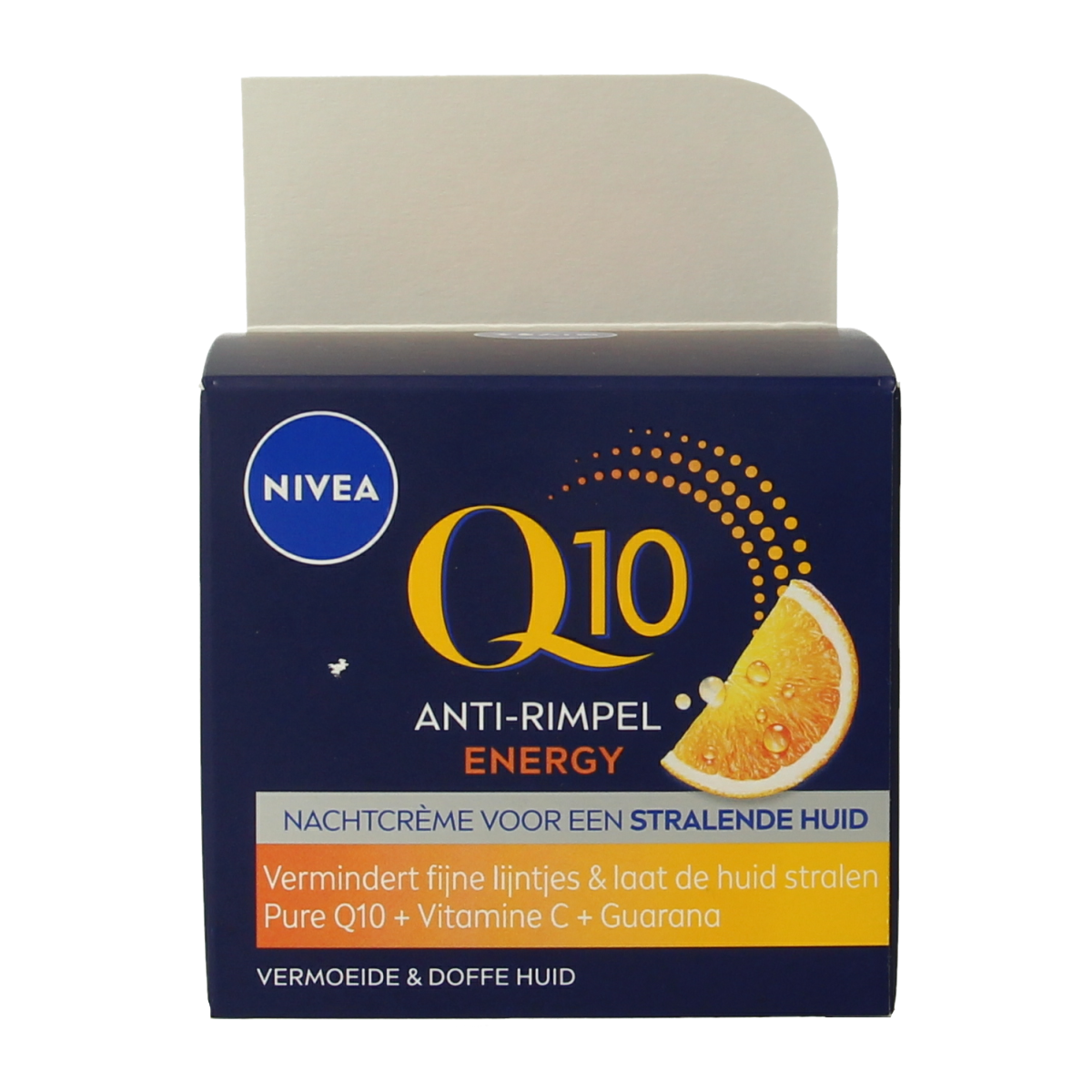 Nivea Q10 Energy Nachtcrème anti-rimpel gezichtsverzorging in 50ml jar with cream texture and blue packaging.