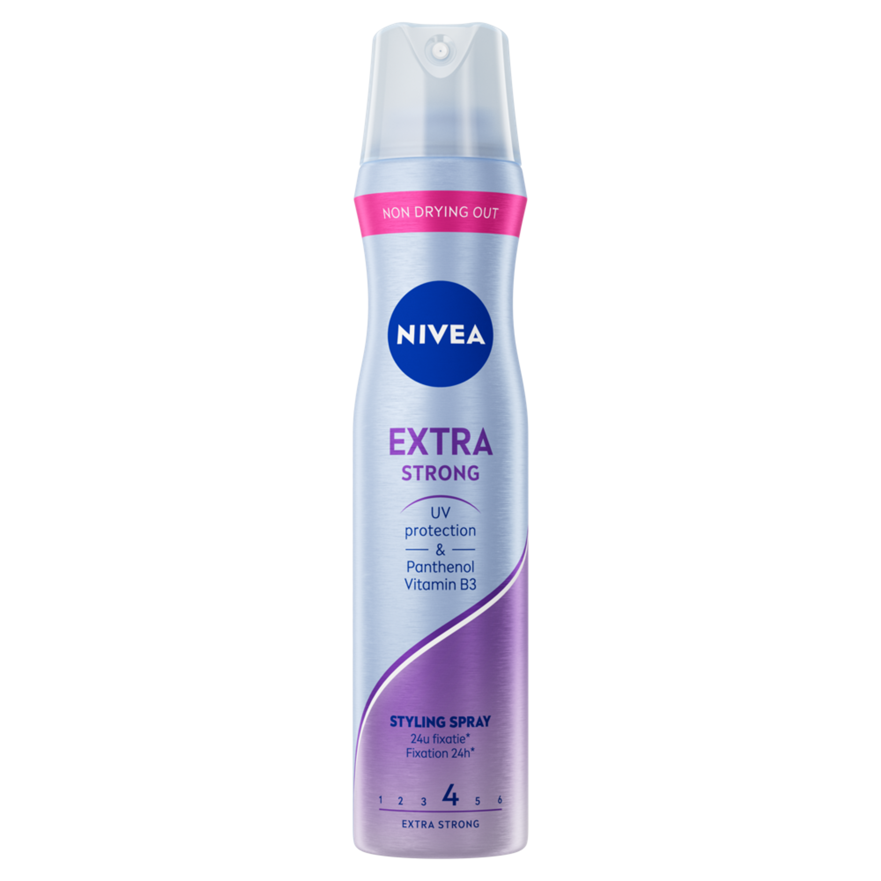 Nivea styling spray extra strong hold, 250ml, for hair styling, with a spray bottle and product label visible.