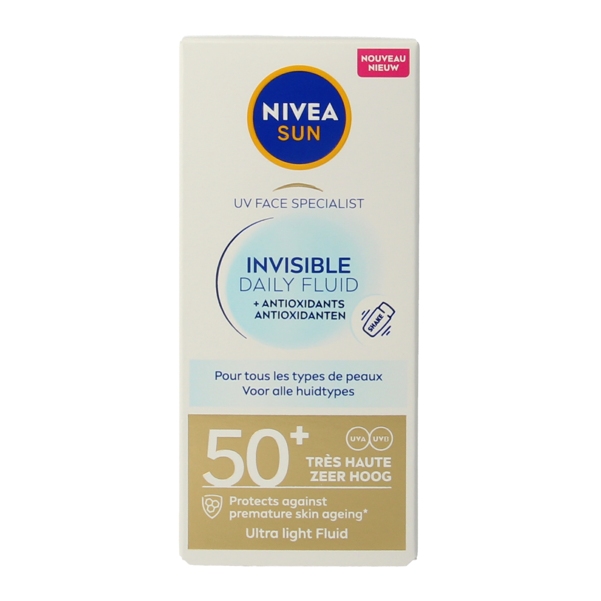 Nivea Sun face daily fluid SPF50+ bottle with 40ml, lightweight sunscreen for face protection and hydration.