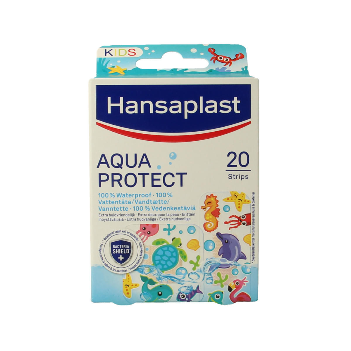 Hansaplast Aqua Protect kids plasters, 20 pack, waterproof bandages with colorful designs for children.