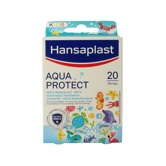Hansaplast Aqua Protect kids plasters, 20 pack, waterproof bandages with colorful designs for children.