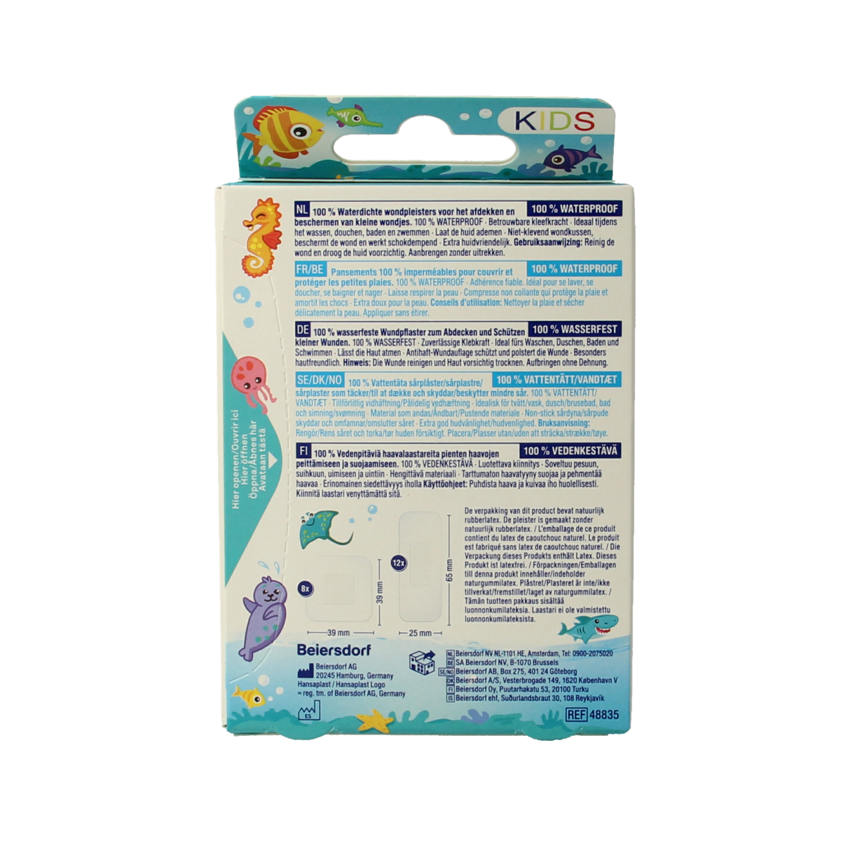 Hansaplast Aqua Protect kids bandages in a box, featuring colorful cartoon designs for children’s minor cuts and scrapes.