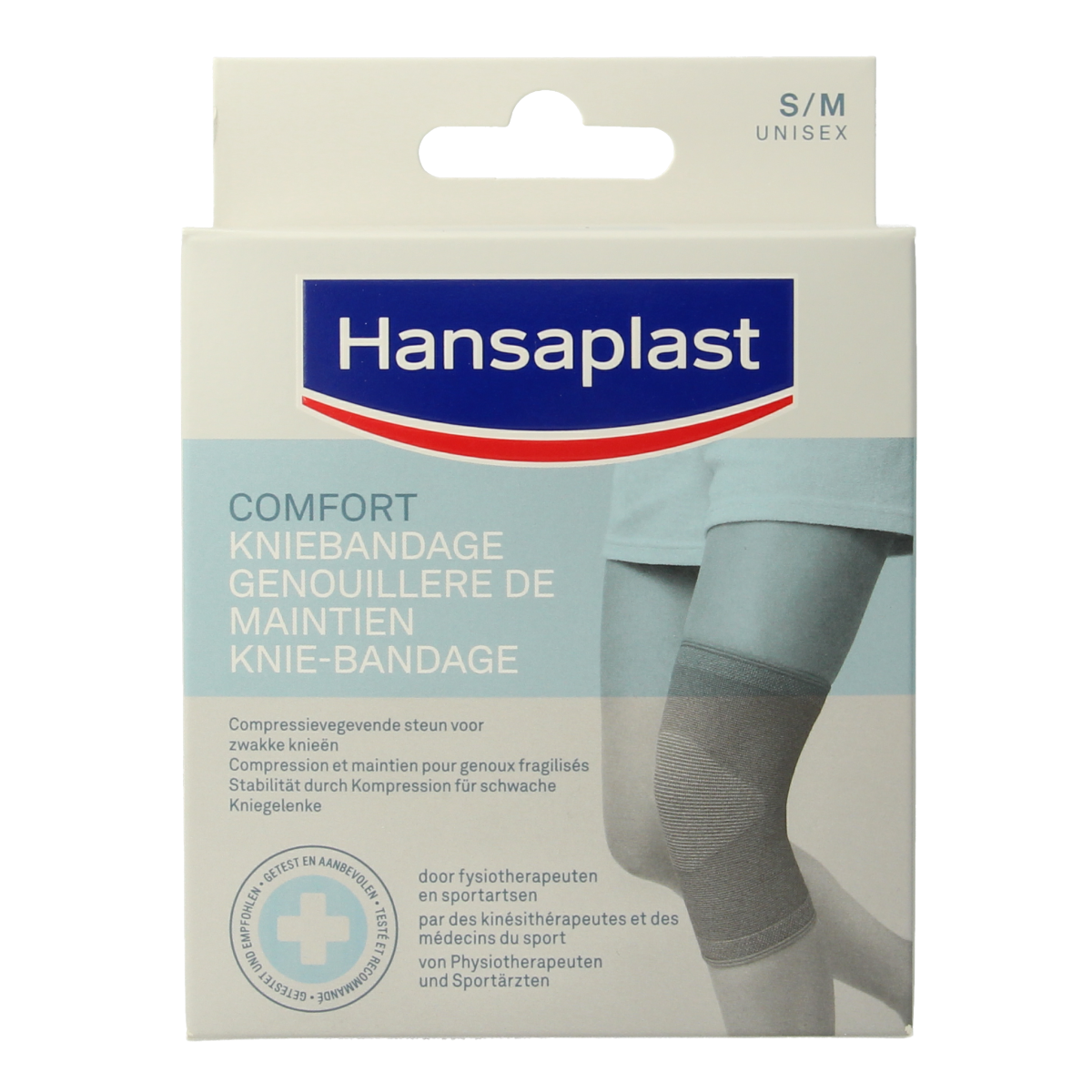 Hansaplast Sport knee bandage in size S/M, showing adjustable strap and breathable fabric for support during sports activities.
