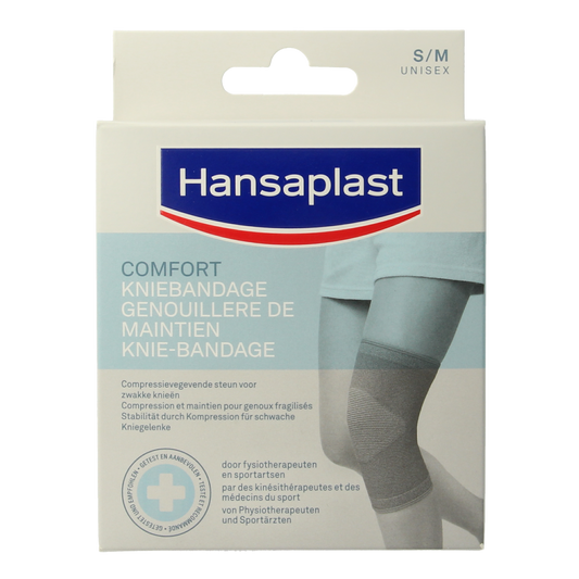 Hansaplast Sport knee bandage in size S/M, showing adjustable strap and breathable fabric for support during sports activities.
