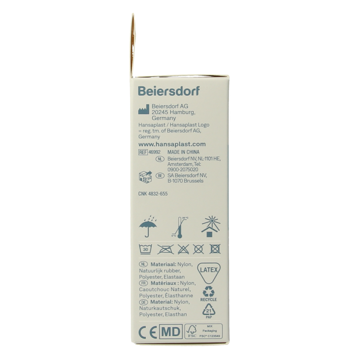 Hansaplast Sport knee bandage in size S/M, shown in white with adjustable straps for support and compression.