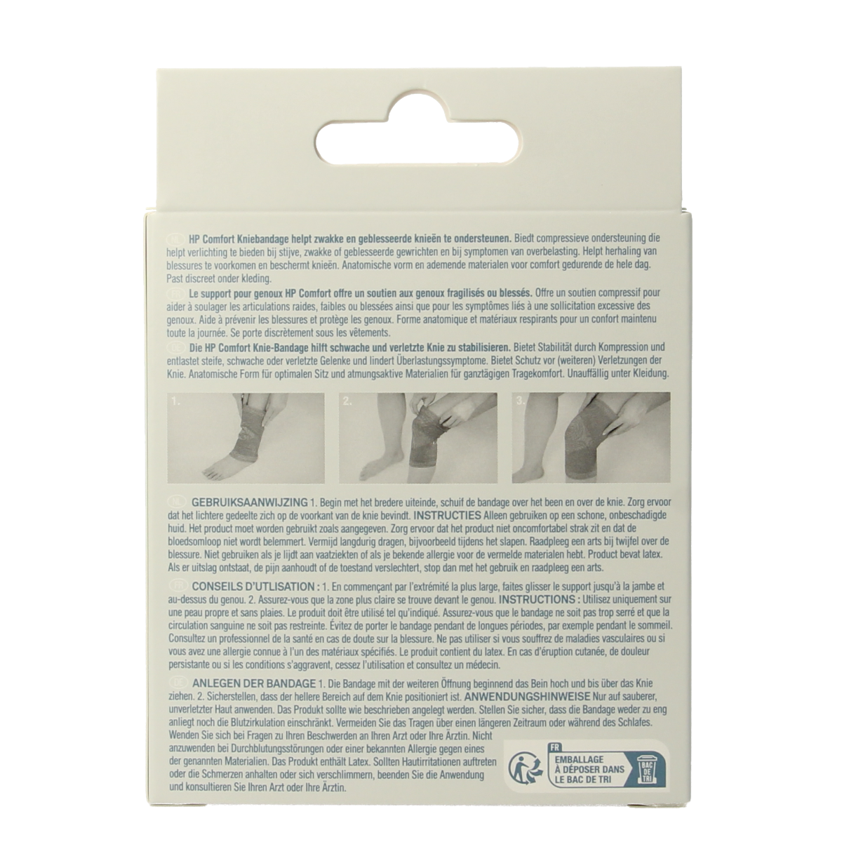 Hansaplast Sport knee bandage in size S/M, showing adjustable strap and breathable material for support during sports activities.
