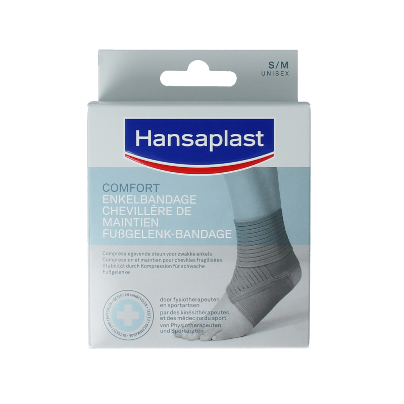 Hansaplast Sport ankle bandage in size S/M, designed for sports injuries, shown wrapped around the ankle.