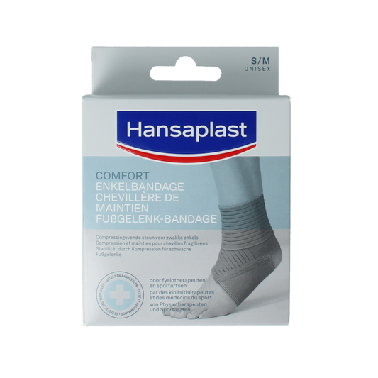 Hansaplast Sport ankle bandage in size S/M, designed for sports injuries, shown wrapped around the ankle.