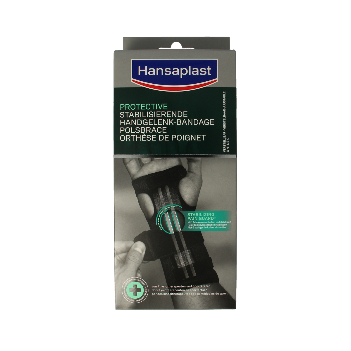 Hansaplast Polsbrace protective brace for wrist support, shown in white with adjustable strap, designed for wrist stability and protection.