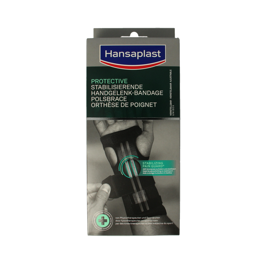 Hansaplast Polsbrace protective brace for wrist support, shown in white with adjustable strap, designed for wrist stability and protection.