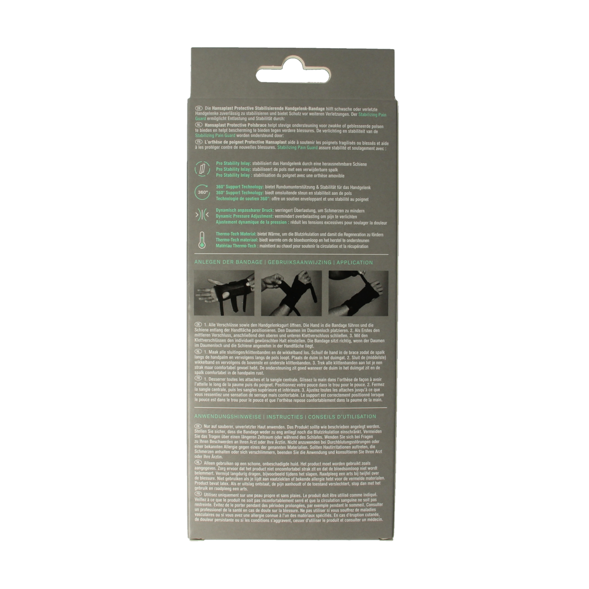 Hansaplast Polsbrace protective brace for wrist support, shown in white with adjustable straps for secure fit and comfort.