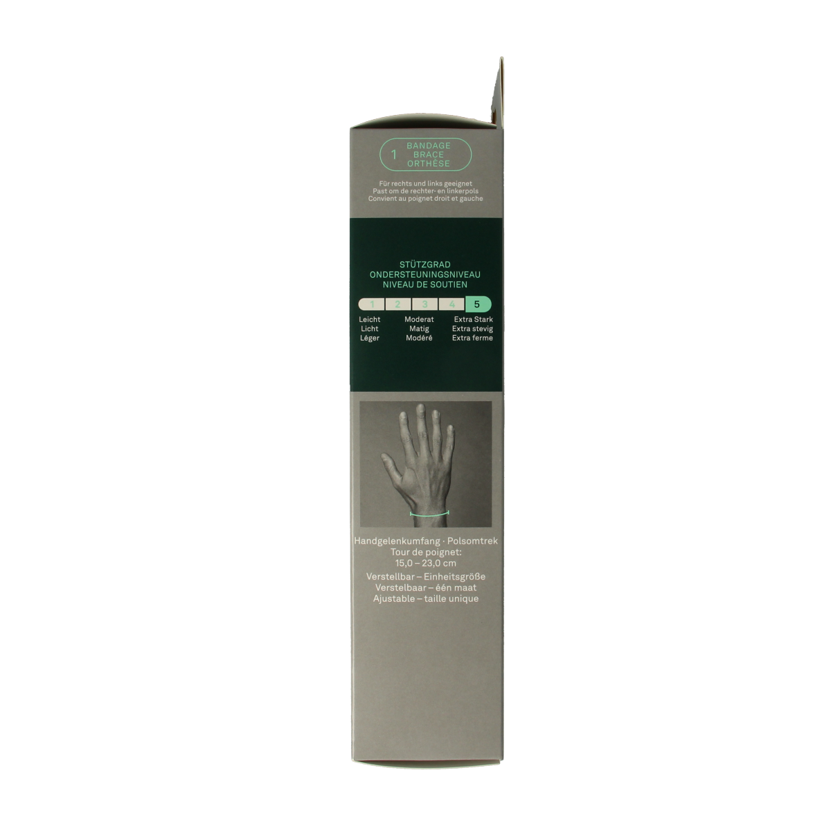 Hansaplast Polsbrace protective brace for wrist support, shown in black with adjustable strap, designed for wrist stabilization.