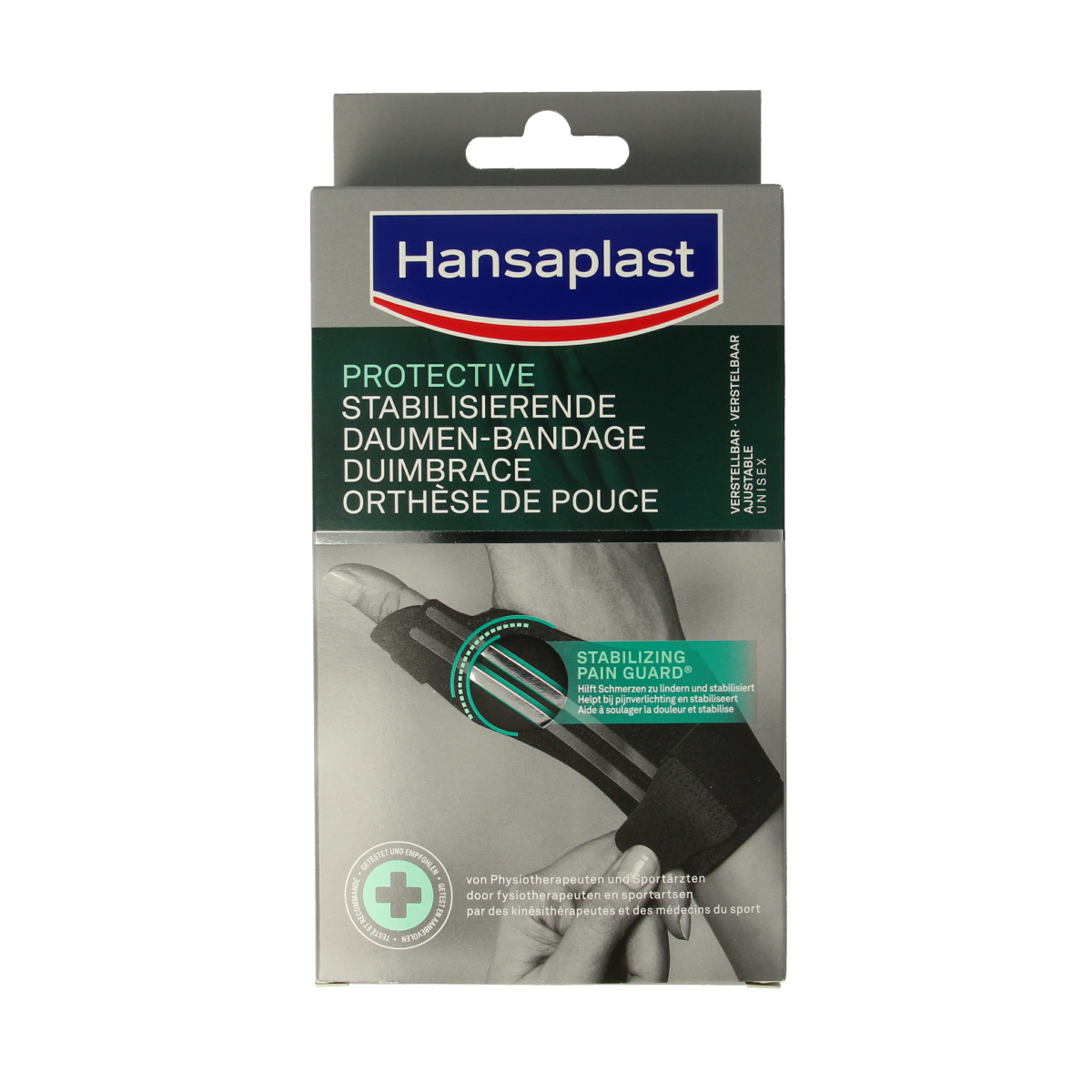 Hansaplast Duimbrace protective thumb brace for support and stability, shown in a close-up image.
