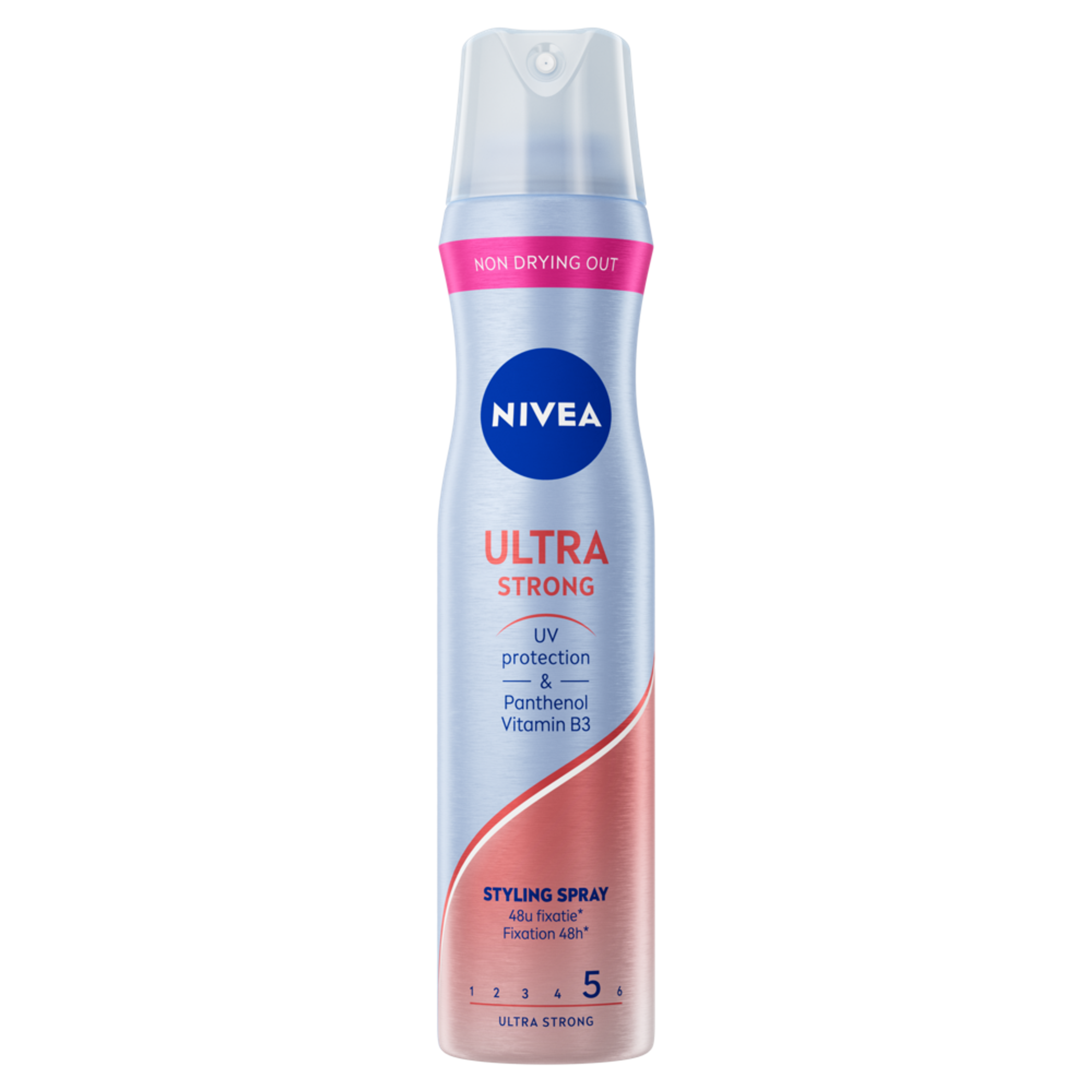 Nivea Ultra Strong Hair Styling Spray 250ml bottle with spray nozzle, designed for firm hold and styling control.