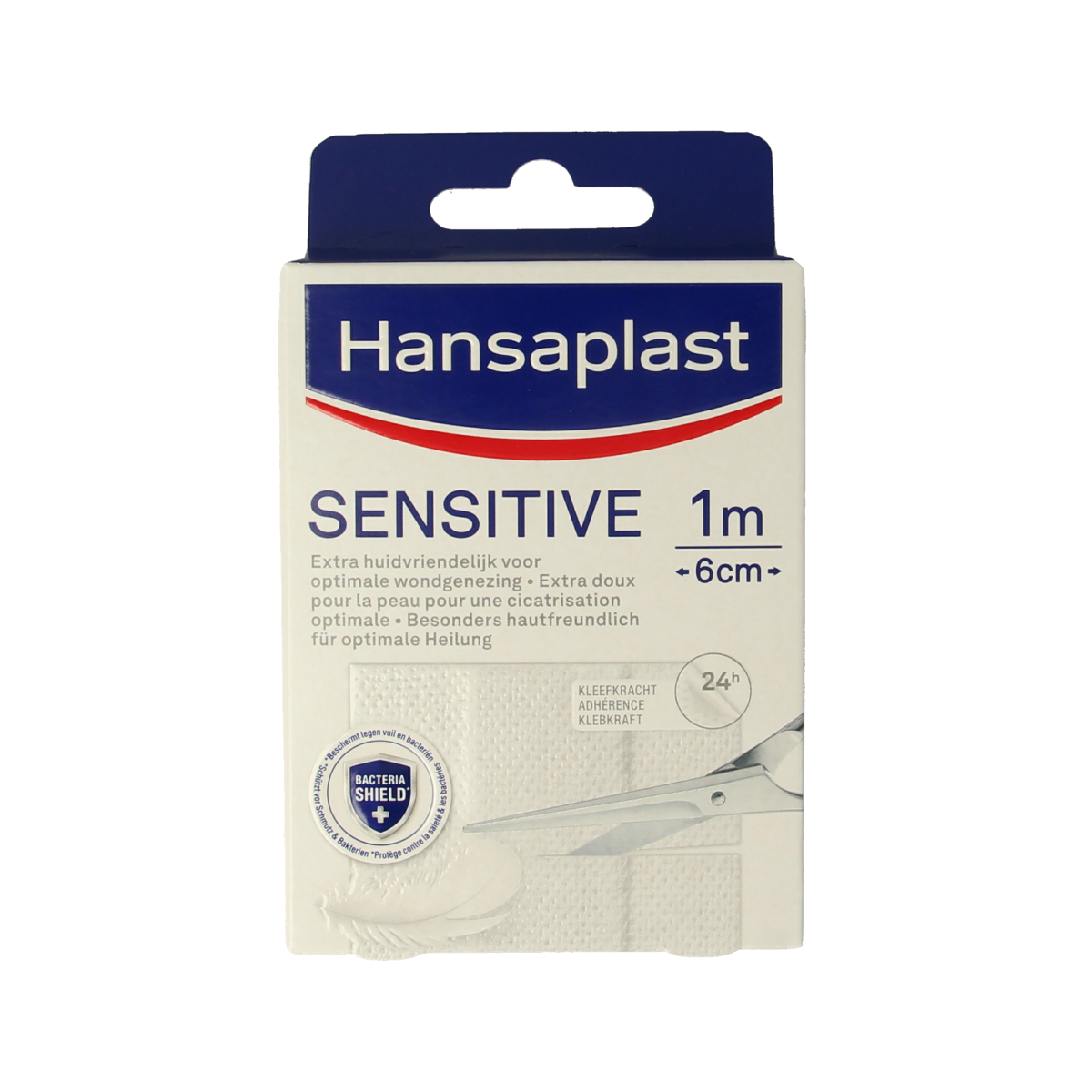 Hansaplast Sensitive 1m x 6cm adhesive bandage for sensitive skin, shown in package with sterile strip for wound care.