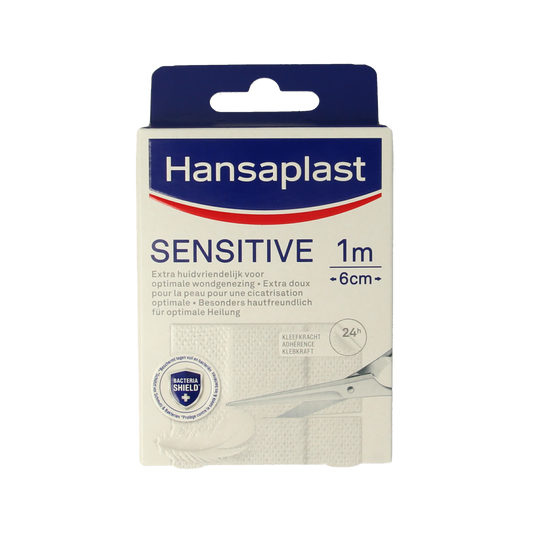 Hansaplast Sensitive 1m x 6cm adhesive bandage for sensitive skin, shown in package with sterile strip for wound care.