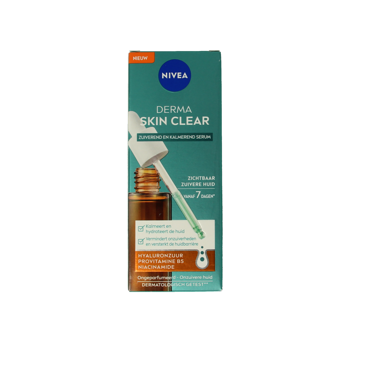 Nivea Derma Skin Clear Serum 30ml in a clear glass bottle with a pump dispenser, designed for facial skincare.