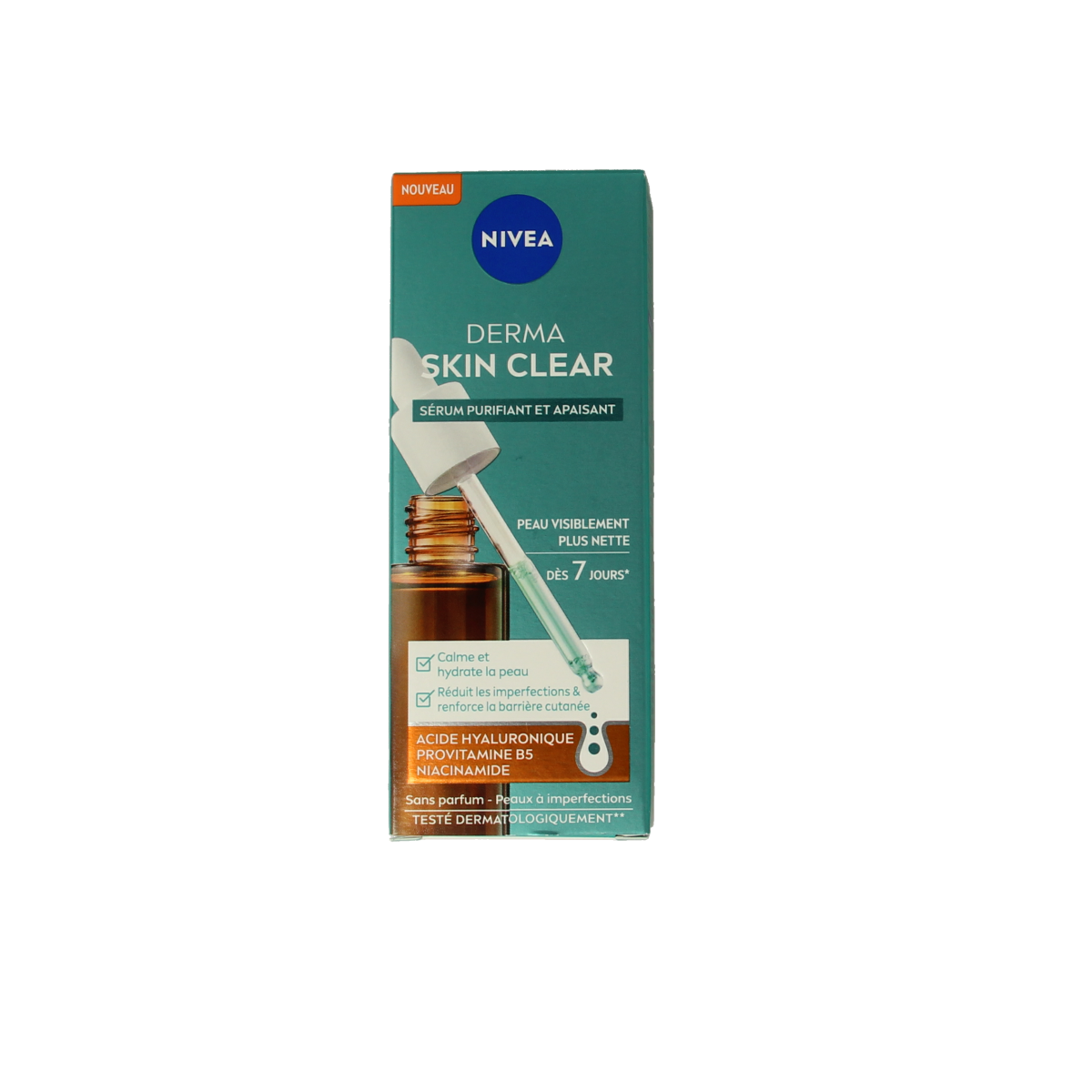 Nivea Derma Skin Clear Serum in 30ml bottle, facial skincare product with clear liquid serum for skin nourishment.