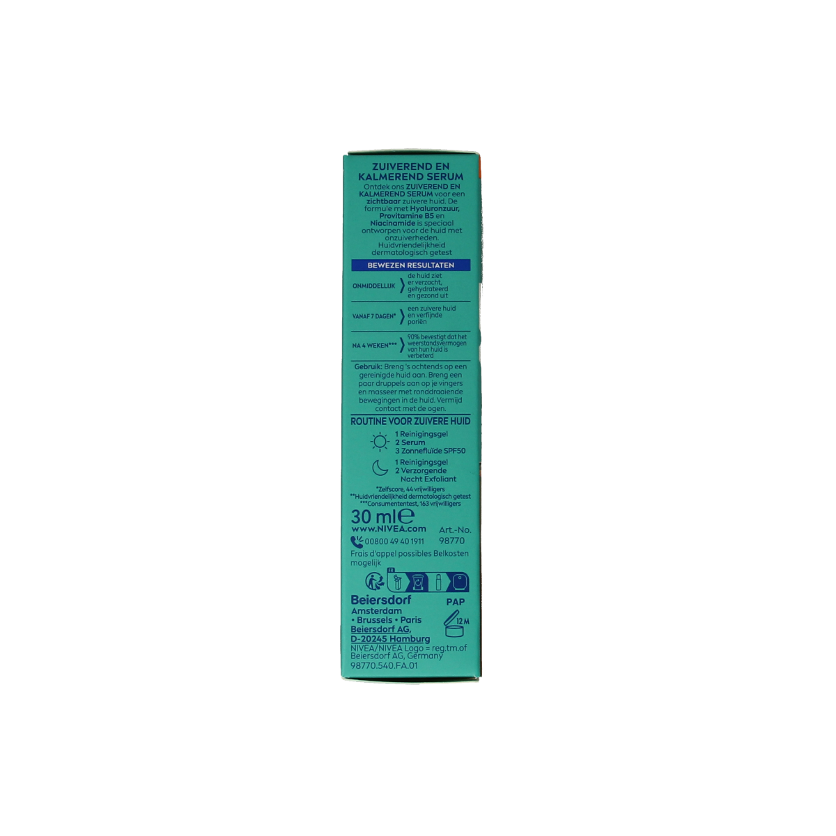 Nivea Derma Skin Clear Serum in 30ml bottle, facial skincare product with clear liquid and Nivea branding on the bottle.