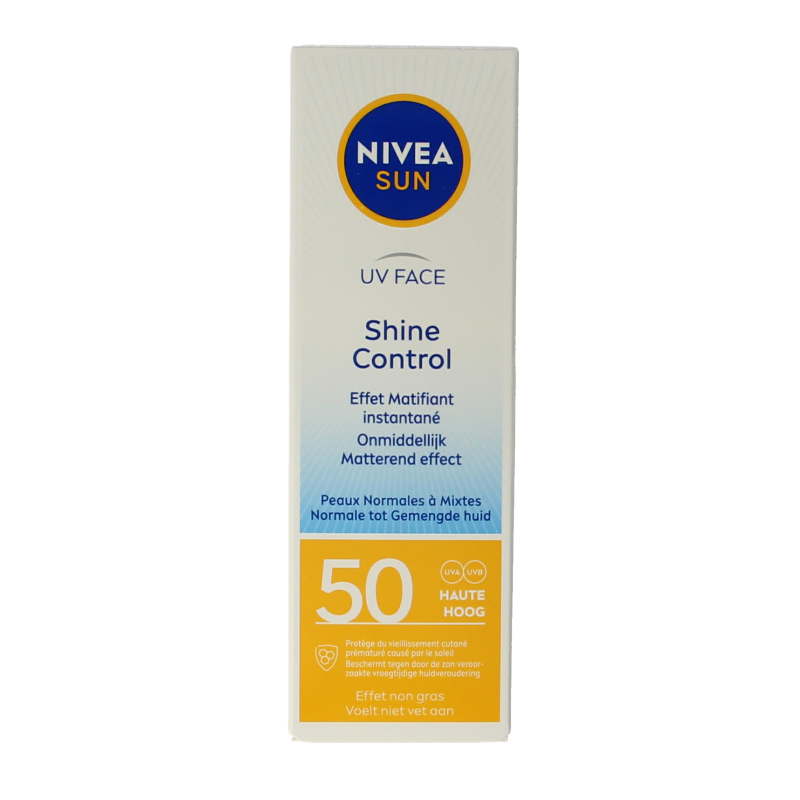 Nivea Sun UV face shine control SPF50 sunscreen in 50ml tube, designed for facial sun protection and shine control.