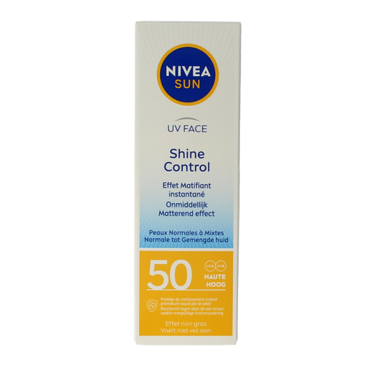 Nivea Sun UV face shine control SPF50 sunscreen in 50ml tube, designed for facial sun protection and shine control.