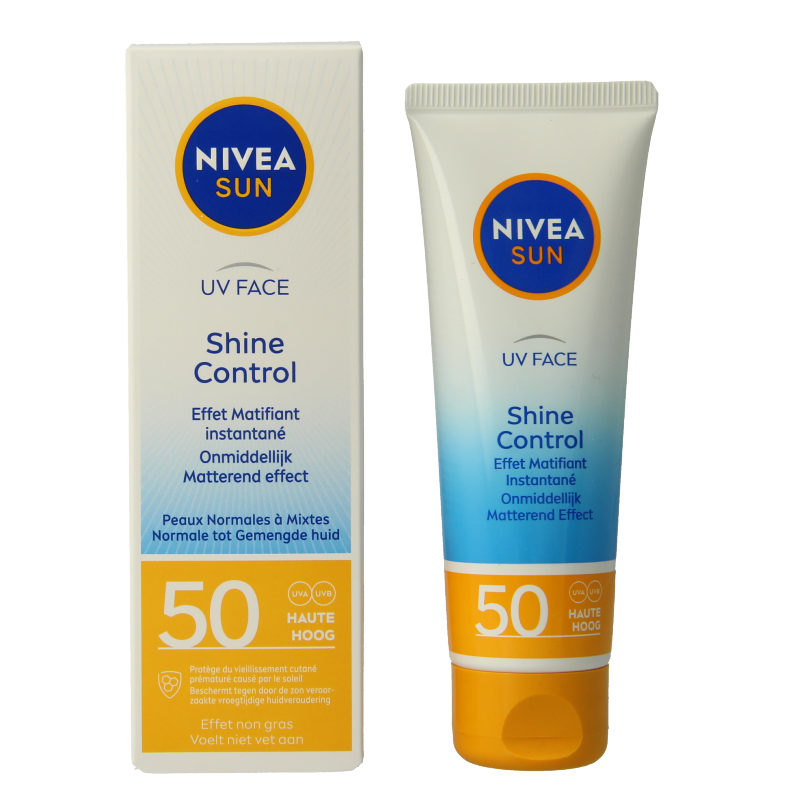 Nivea Sun UV Face Shine Control SPF50 sunscreen tube, 50ml, providing sun protection and shine control for face.
